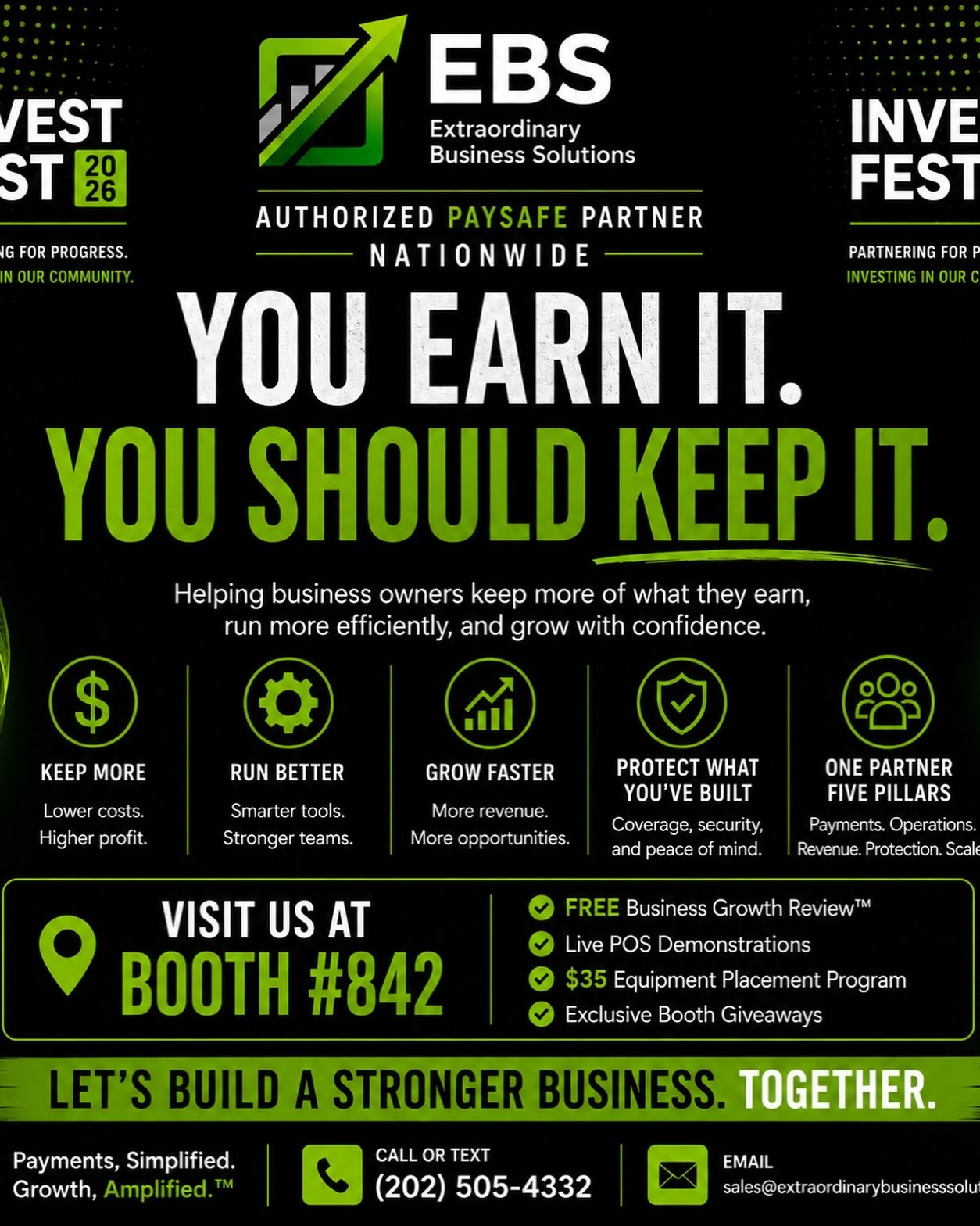 Invest Fest 2026, Booth 842 — EBS announcement graphic